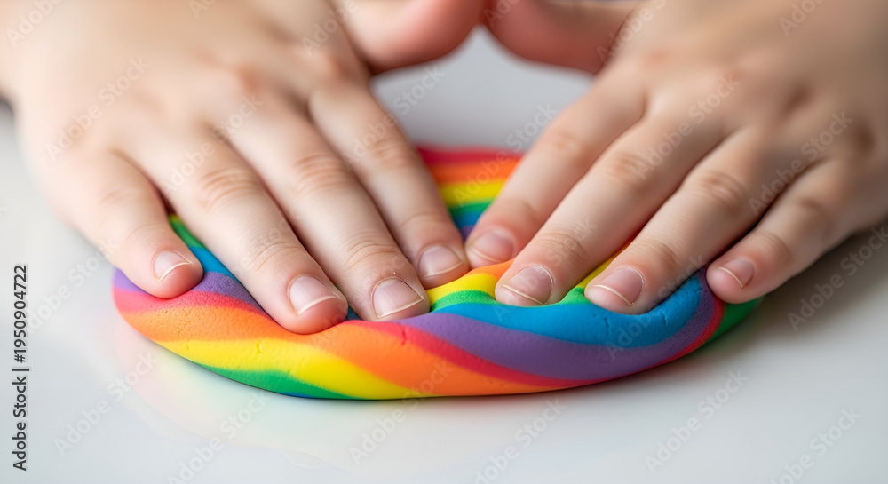 Fototapeta premium Child hands pressing vibrant rainbow clay and dough on a white surface