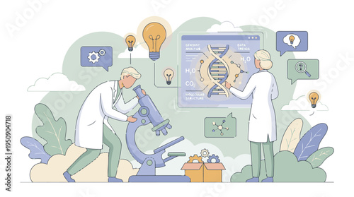 Scientists researching DNA, molecular structure, and genomics with microscope