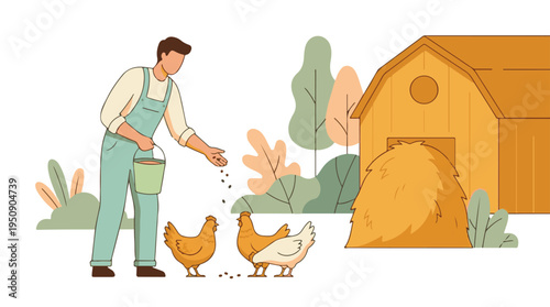 Farmer feeding chickens on a rural farm with barn and haystack