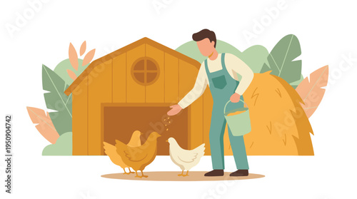 Farmer feeding chickens on a farm with a wooden coop and hay bale