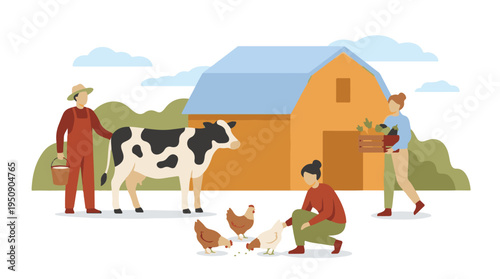 Rural farm life with farmers, livestock, and fresh organic produce