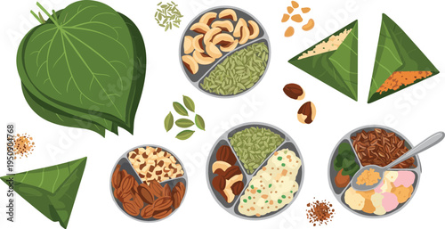 Betel Leaf Paan Preparation with Areca Nut, Fennel Seeds, Cardamom and Sweet Fillings Traditional Indian Mouth Freshener Food Vector Illustration
