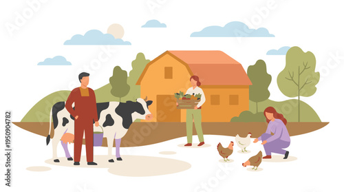 Farmers working on a rural farm with livestock and fresh produce
