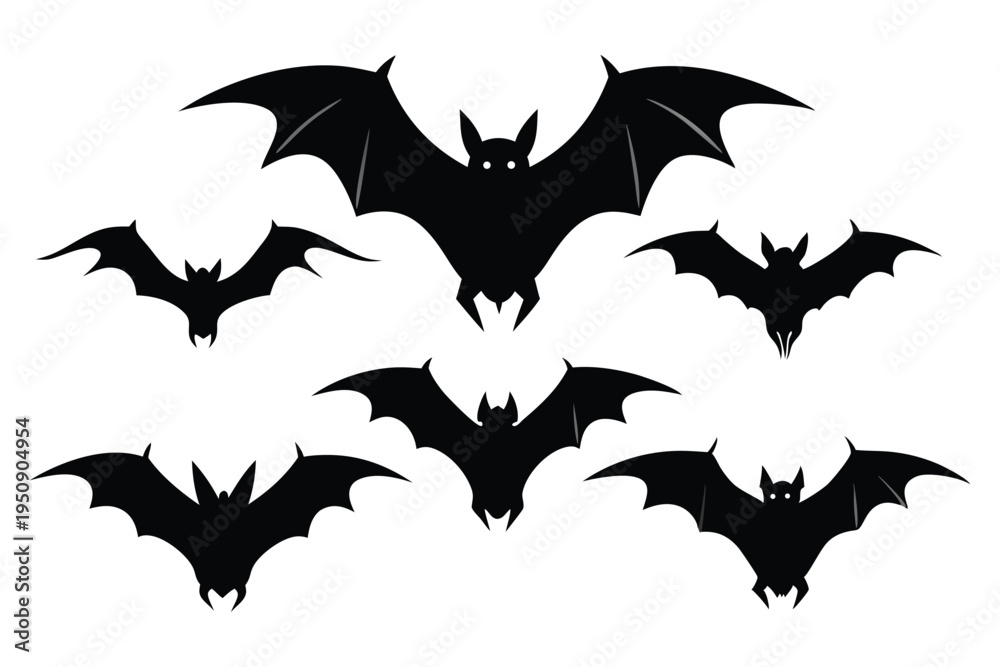 Fototapeta premium Set of black bats silhouettes isolated on white. Scary flying bats collection for Halloween and horror design vector.