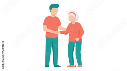Young Man Helping Elderly Woman with Walking Stick, Senior Care Illustration