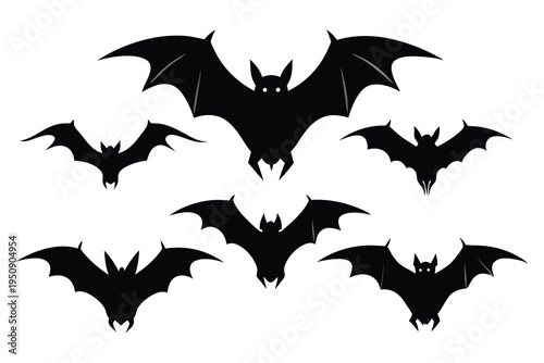 Set of black bats silhouettes isolated on white. Scary flying bats collection for Halloween and horror design vector.