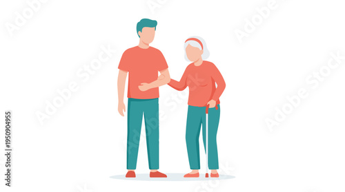 Young man supporting an elderly woman with a cane, illustrating care.