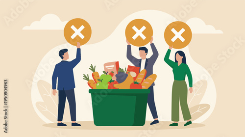 People rejecting food with 'X' signs, concept of dietary choice or restriction