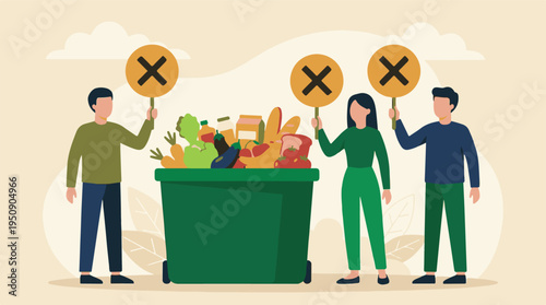 People protest food waste, holding 'X' signs by an overflowing bin