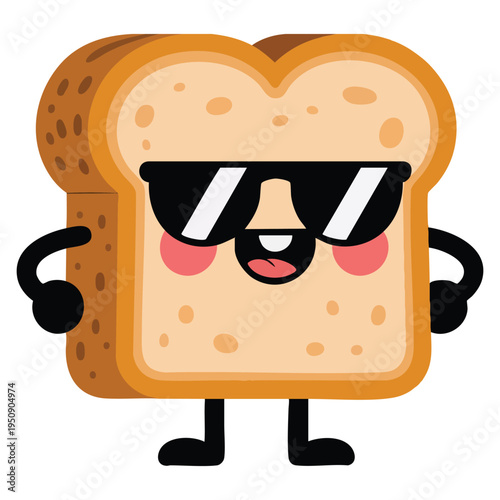 Funny bread cartoon character in cute cool style wearing sunglasses, playful food illustration suitable for sticker and icon designs