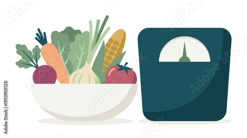 Fresh vegetables for healthy eating next to a weight scale