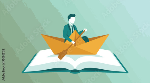 Businessman in paper boat on open book, symbolizing knowledge journey