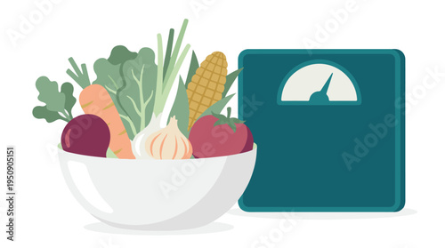 Fresh Vegetables in Bowl with Weight Scale - Healthy Diet Concept