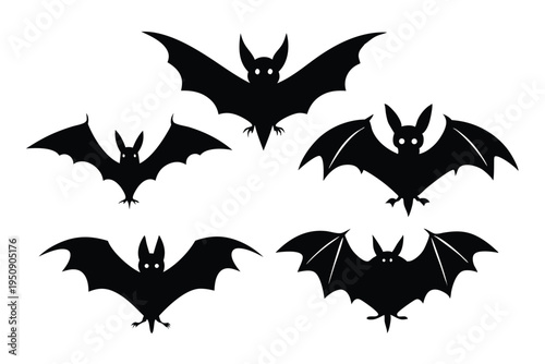 Collection of mystical flying bat silhouettes. Gothic style nocturnal animal icons for Halloween party posters and spooky background design vector.