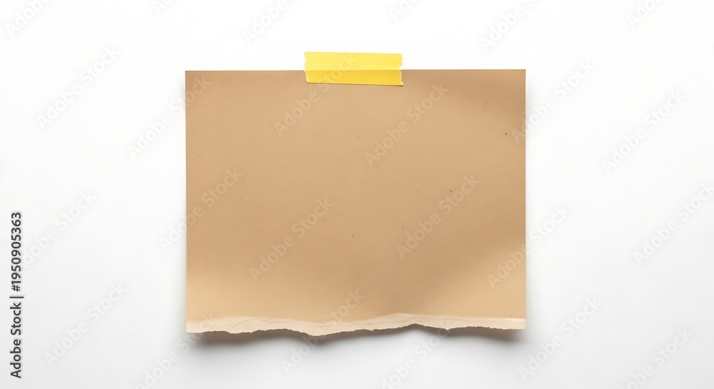 Fototapeta premium Close-up of a torn brown paper note attached with yellow tape on white surface.
