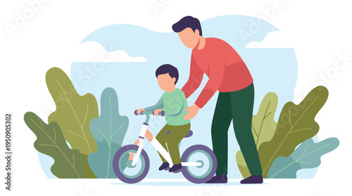 Father teaching young son to ride a bicycle outdoors, family learning