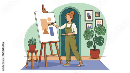 Woman artist painting abstract shapes on an easel in a modern studio