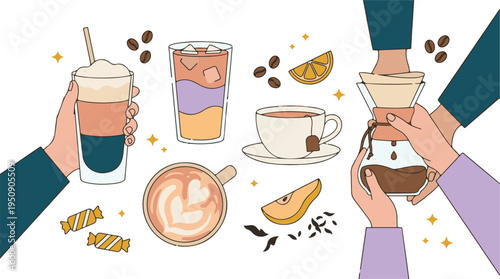 Diverse coffee and tea beverages with hands, flat vector illustration