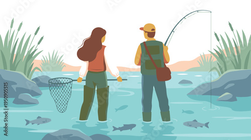 Couple fishing in a river with rods and nets, enjoying nature