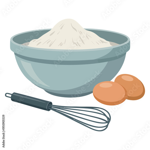 Hand drawn set of dough bowl dough eggs whisk kneading dough vector illustration isolated on white background for cooking and baking themes