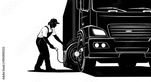 Illustration of a mechanic checking the tire pressure of a semi truck with a gauge