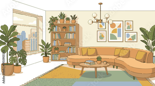 Cozy modern living room interior with city view, plants, and bookshelf
