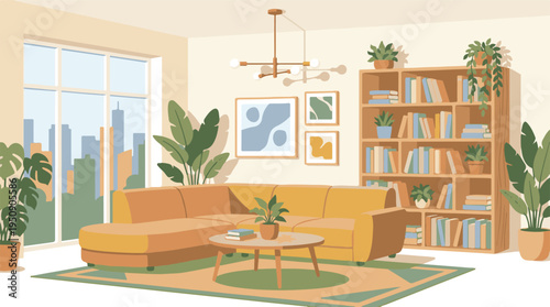 Cozy modern living room with yellow sofa, indoor plants, and city view