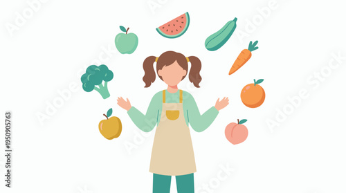Happy child juggling fresh fruits and vegetables, healthy eating concept