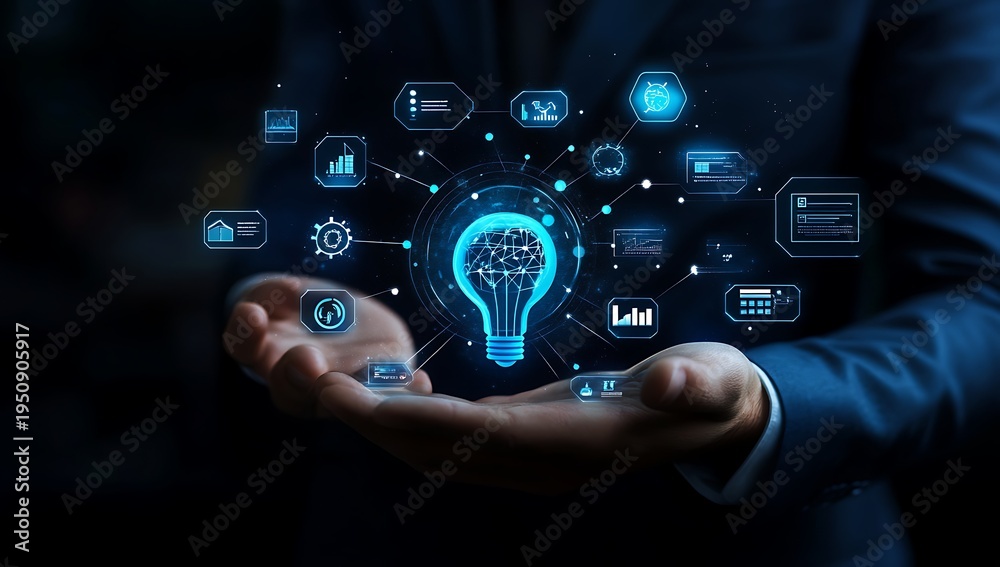 Fototapeta premium Businessman Holding Digital Light Bulb with Futuristic Icons and Data Streams technology innovation
