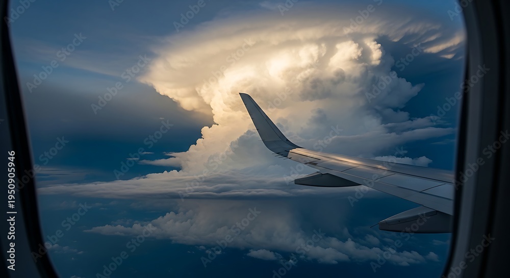 Fototapeta premium Dramatic aerial view from airplane window showcasing stunning cloud formations and wing.