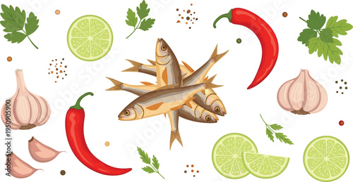 Fresh Anchovy Fish with Chili Pepper, Garlic, Lime and Herbs Cooking Ingredients for Spicy Seafood Recipe Vector Illustration