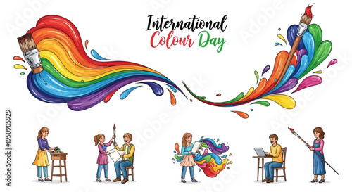 Illustration of people celebrating International Colour Day with colorful artwork and vibrant color palette on a white background.