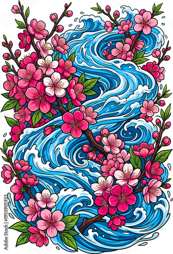 Pink Ume Plum Blossoms Swept By Rushing River Streams