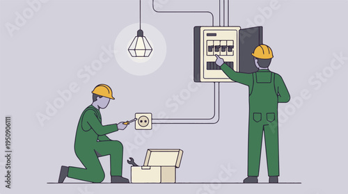 Electricians working on electrical installation, repairing circuit breaker and outlet