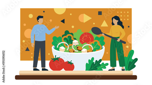 People making a nutritious vegetable salad, healthy eating concept