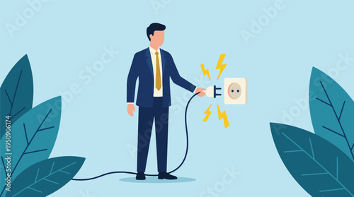 Business professional connecting power plug to electrical outlet, energy concept