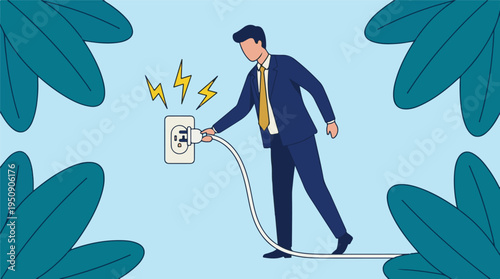 Businessman plugging power cord into an electrical outlet with lightning bolts