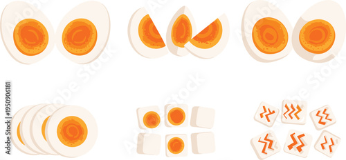 Boiled egg slices halves and pieces collection with yolk variations protein food ingredient vector illustration set