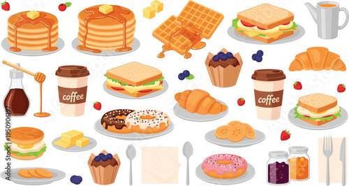 Breakfast Cafe Food Vector Collection with Pancakes, Waffles, Croissants, Donuts, Sandwiches, Coffee Cups and Sweet Pastries