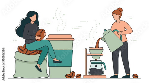 Women engaging in coffee preparation, from beans to pour-over brewing