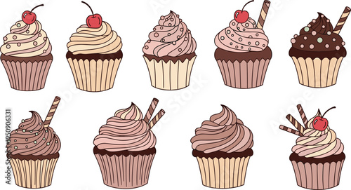 Chocolate and vanilla cupcakes with creamy frosting cherries sprinkles and wafer sticks sweet bakery dessert vector set
