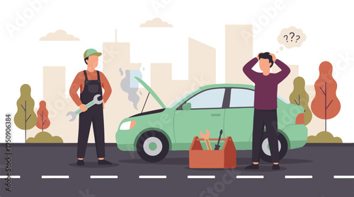 Roadside assistance: Mechanic helping distressed driver with broken car