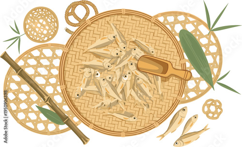 Dried Anchovy Fish in Bamboo Basket with Scoop, Chopsticks and Traditional Asian Food Ingredients Top View Vector Illustration