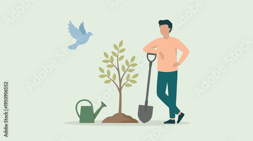 Man planting a young tree with a shovel and watering can, dove flying