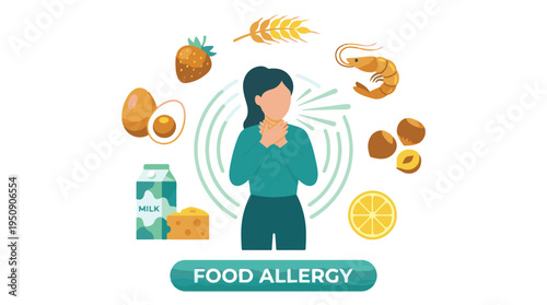 Illustrative concept of food allergy with a woman showing symptoms