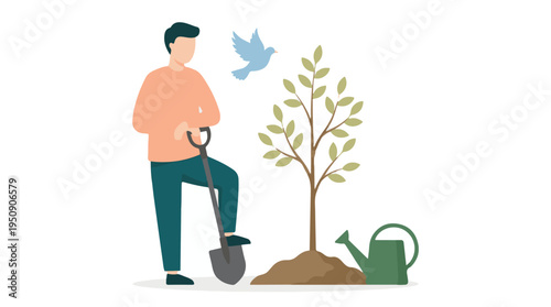 Man planting a young tree with a shovel, symbolizing environmental care