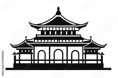 Traditional Chinese pagoda temple silhouette vector.