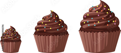 Chocolate cupcakes with colorful sprinkles in different sizes sweet bakery dessert illustration isolated vector set
