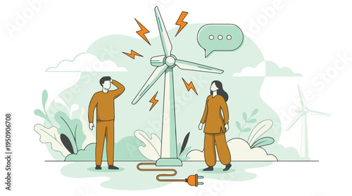 Sustainable energy discussion with wind turbine and renewable power source