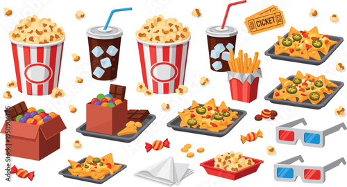 Cinema Snack Food Vector Set with Popcorn Buckets, Nachos, Soda Drinks, Candy Box and Movie Ticket Illustration
